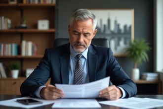 Gestionnaire financier mature en costume bleu dans un bureau moderne
