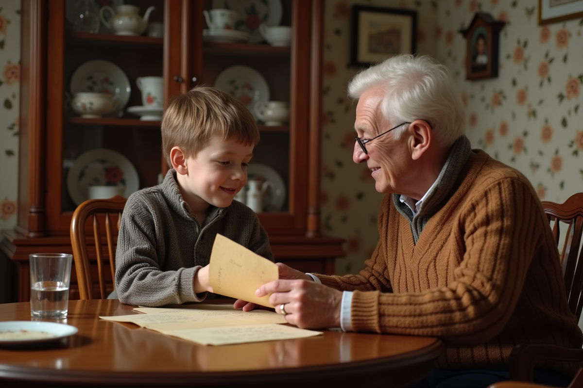 Grand-père et enfant échangeant une lettre dans la salle à manger