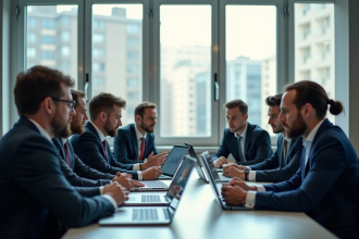 Groupe de professionnels en réunion analysant des graphiques financiers
