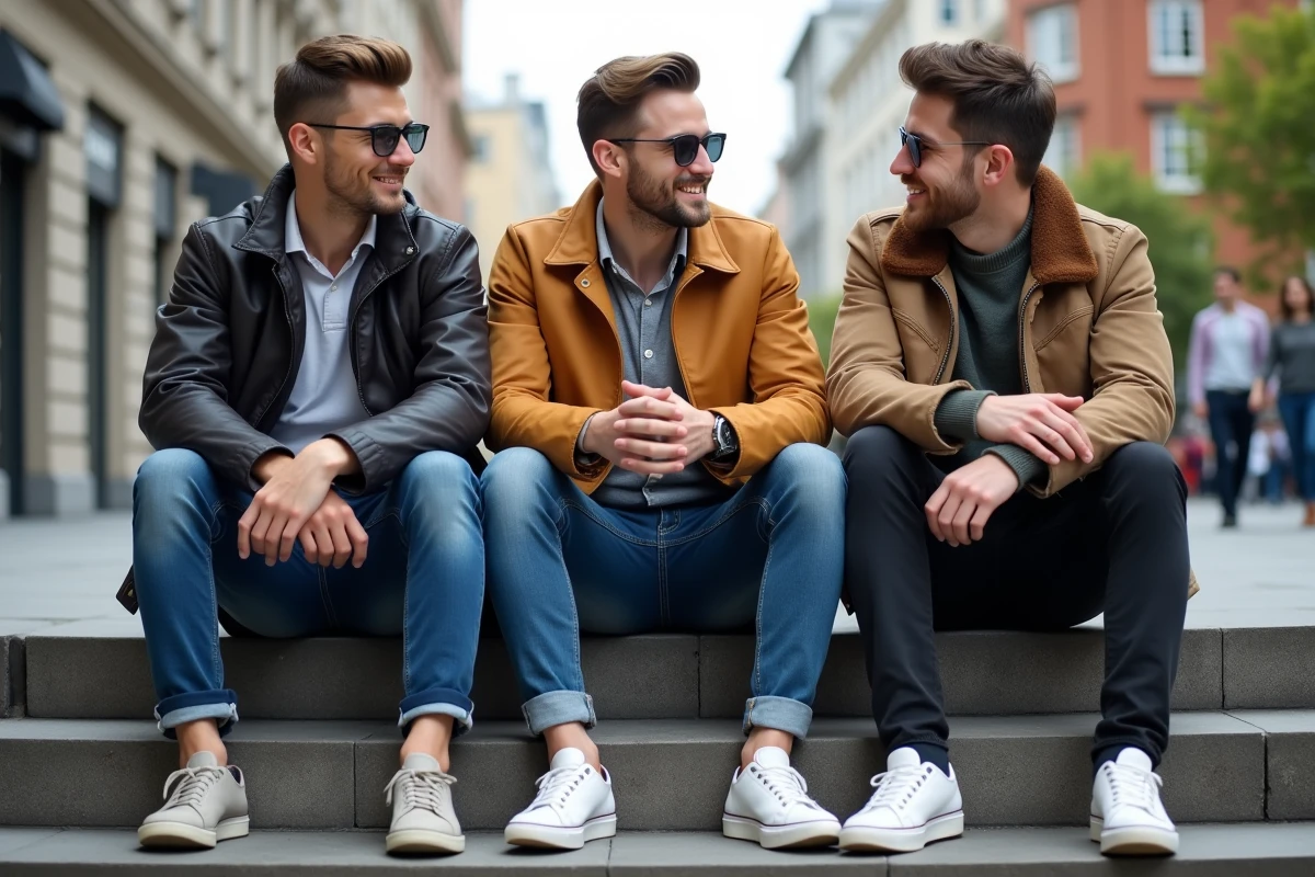 Trois jeunes hommes en casual sur des marches en ville