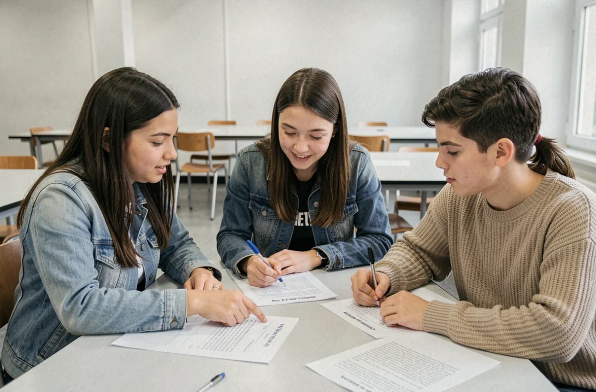 Groupe de lycéens qui travaillent ensemble sur des stratégies pour réussir l'essai de littérature au Bac de français à la cafétéria