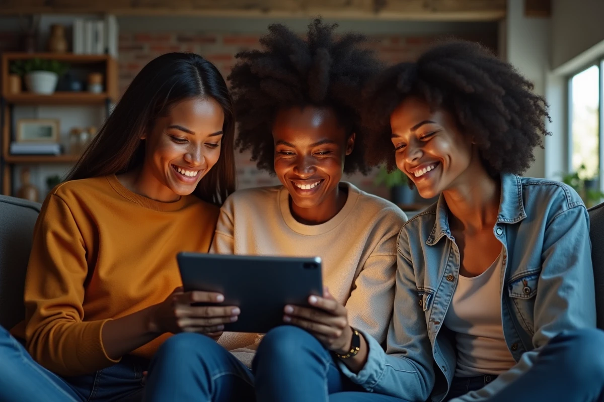 Groupe de personnes réagissant à une photo sur une tablette, commentaires internautes, atmosphère éditoriale