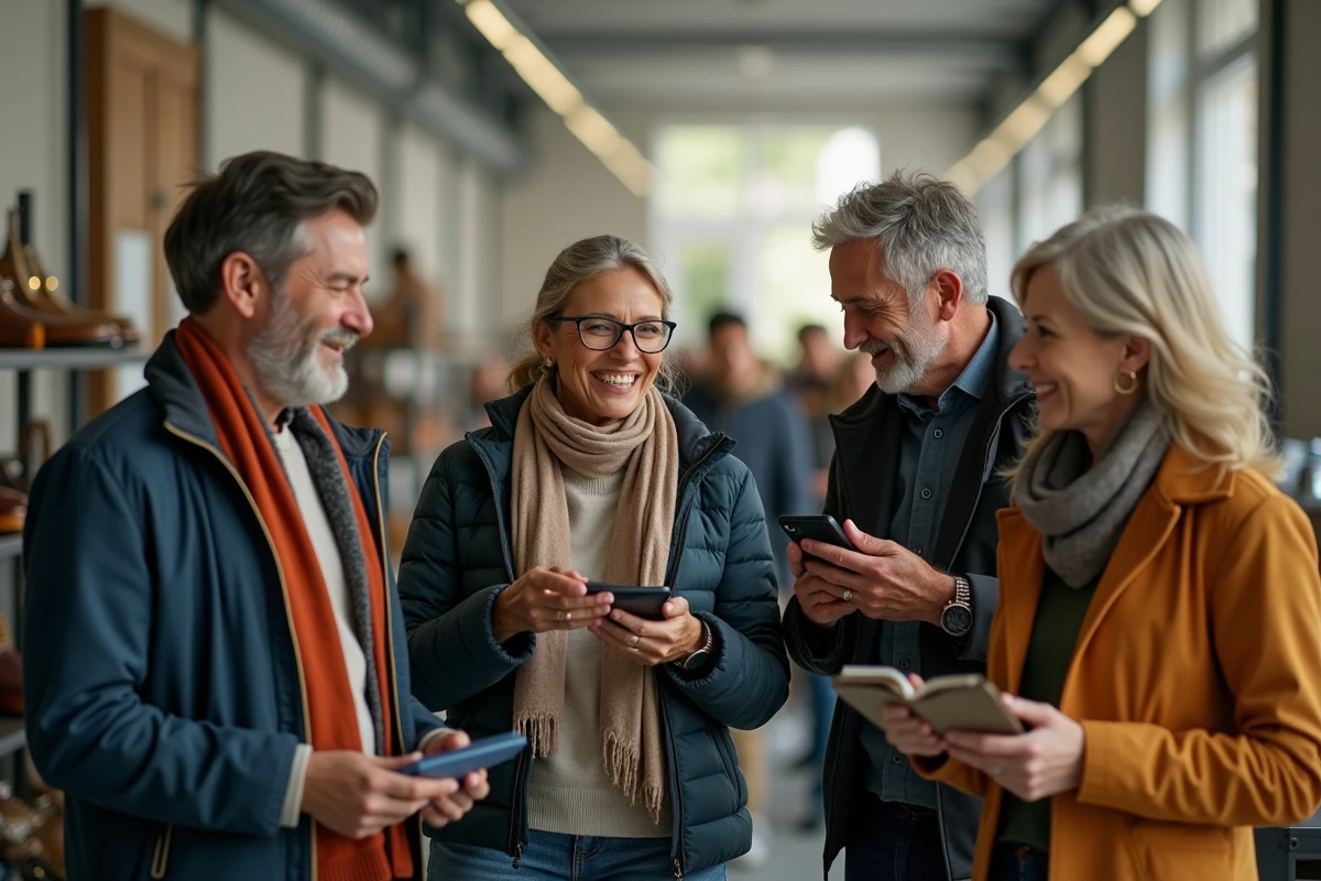 Groupe de acheteurs discutant et riant dans un couloir lumineux