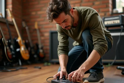 Guitariste utilisant le BOSS RC-30 Loop Station dans un studio de répétition en brique
