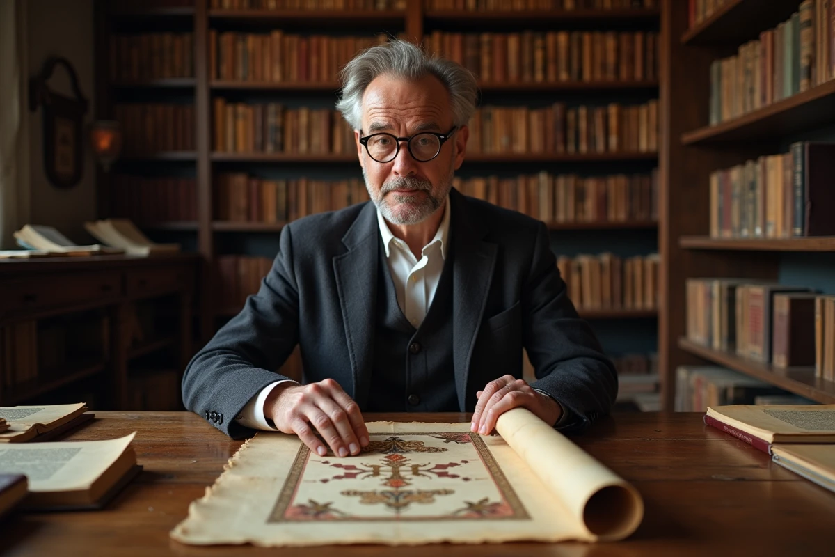 Historien examinant un manuscrit royal ancien avec des motifs héraldiques de fleurs de lys dans une bibliothèque historique