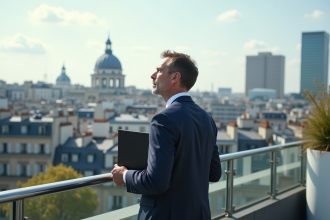 Homme d'affaires en costume regardant la ville de Paris