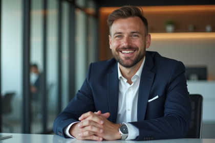 Homme d'affaires confiant en costume dans un bureau moderne