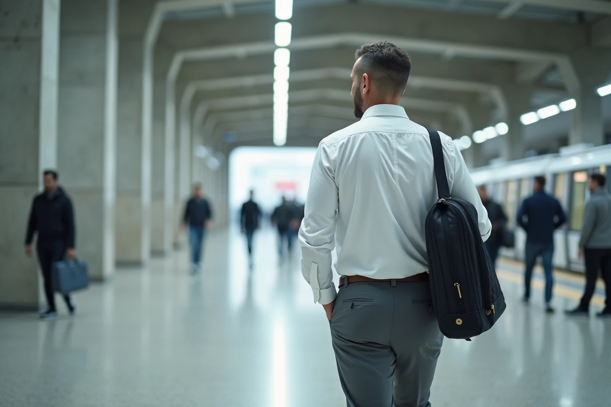 Homme d'affaires traversant le hall moderne d'une station de la Ligne 14 à Paris lors de son trajet domicile-travail