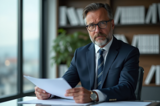 Homme d'affaires français en costume navy avec documents fiscaux