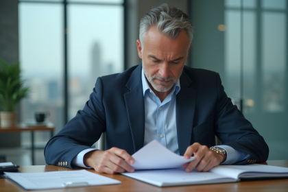 Homme d'affaires en costume lisant des documents financiers