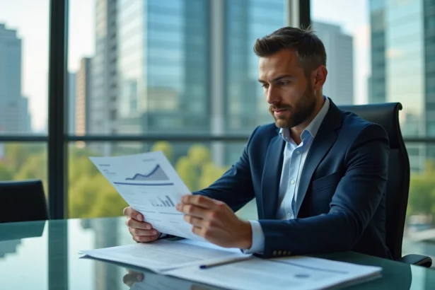 Homme d'affaires en costume lisant un rapport d'investissement