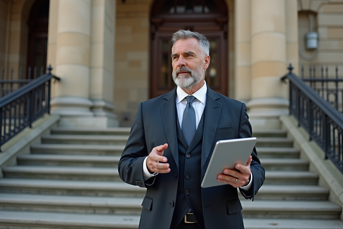 Homme en costume devant un bâtiment ancien