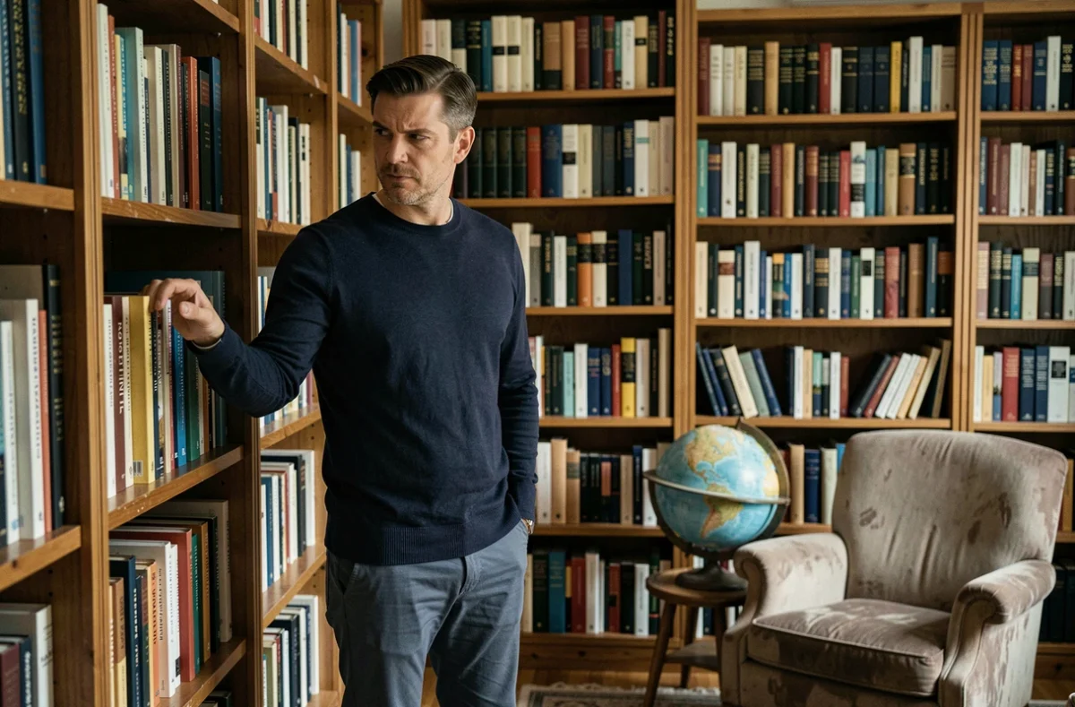 Homme dans une bibliothèque personnelle explorant des livres, évoquant la culture littéraire et les blogs de niche comme l'Échelle de Jacob
