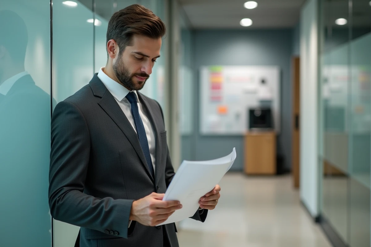 Homme en costume lisant une note de service avec souhaits de bonnes vacances dans un couloir de bureau moderne