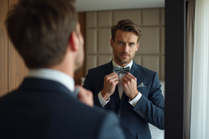 Homme ajustant une cravate en soie dans un miroir moderne