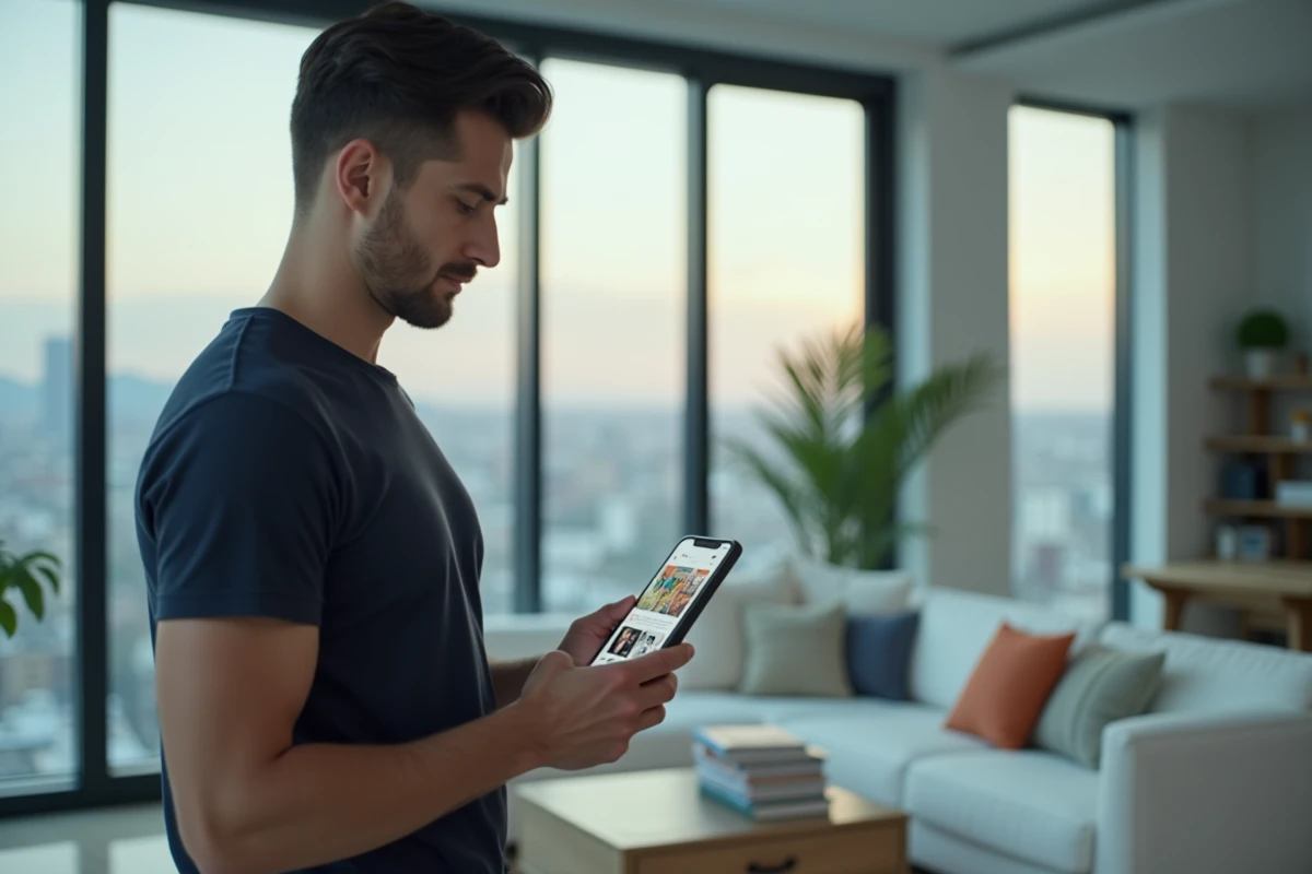 Homme évaluant une application de streaming manga légal sur smartphone dans un appartement moderne