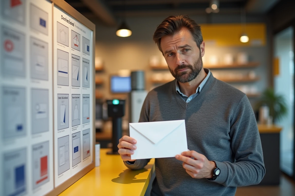 Homme comparant le format d'une enveloppe avec un guide postal au guichet de La Poste