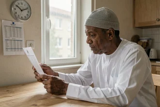 Homme consultant un horaire de prière imprimé dans un appartement d'Argenteuil