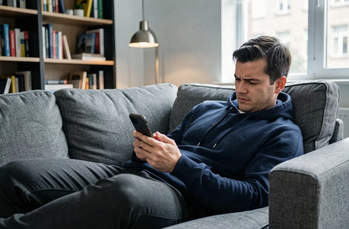 Homme détendu sur canapé jouant à un jeu de mots sur smartphone