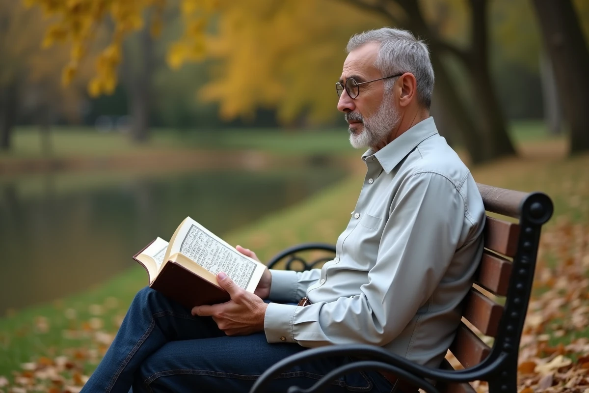Homme lisant le Quran dans un parc en automne