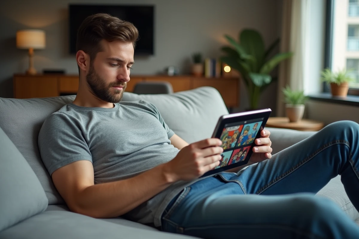 Homme adulte lisant des scans manga sur une tablette dans un appartement moderne au style urbain