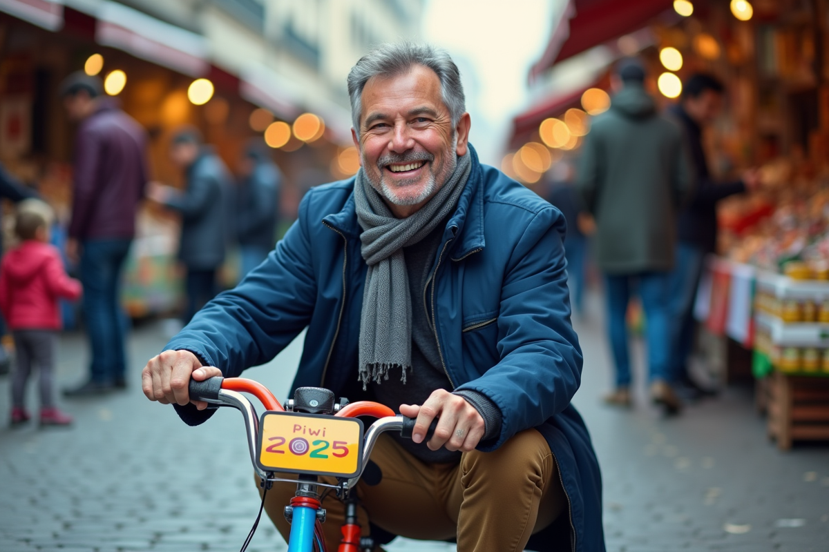 Homme souriant avec vélo Piwi 2025 dans un marché urbain animé