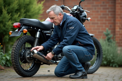 Homme inspectant la chaîne d'une moto Dax 125 en extérieur