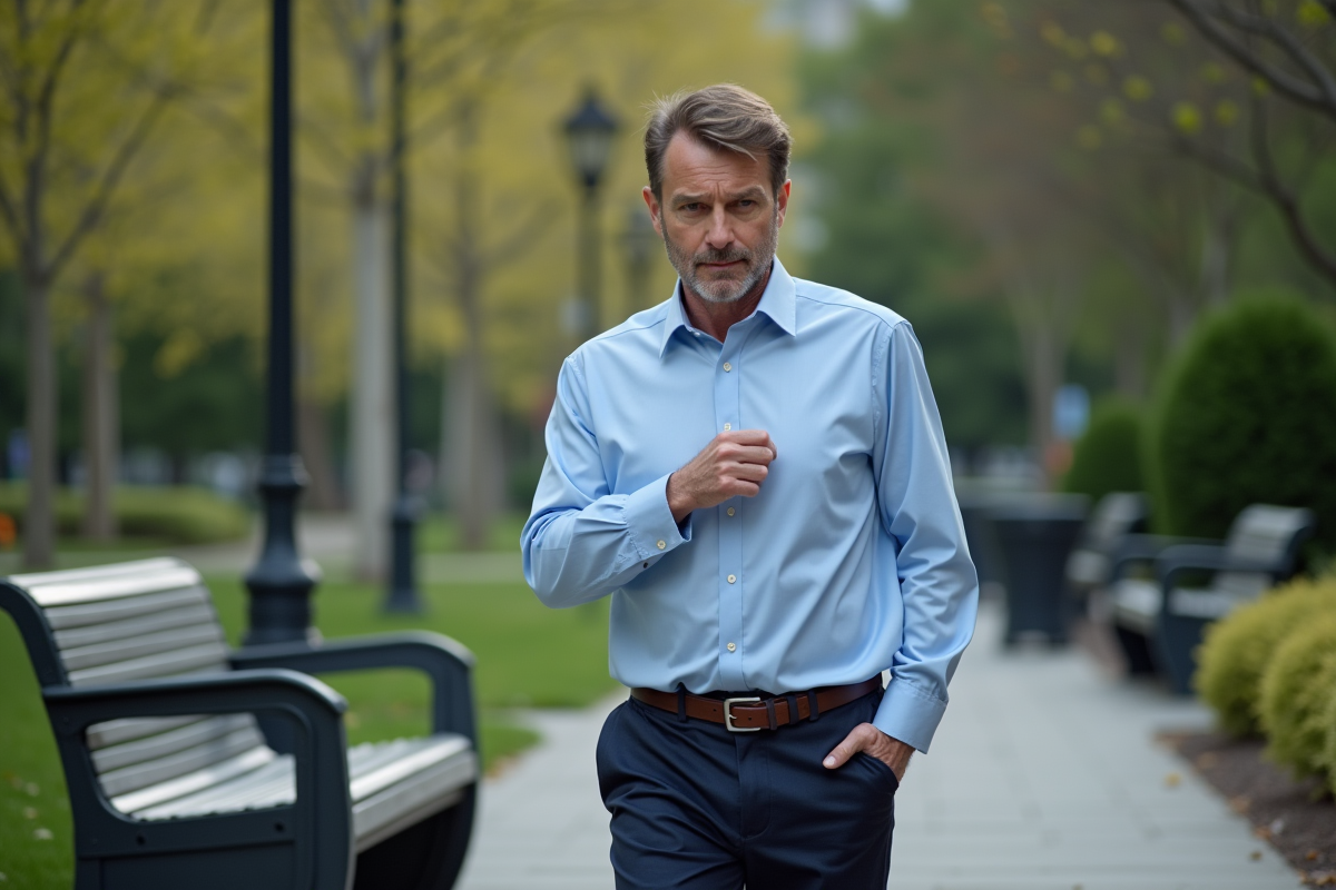 Homme vérifiant la manche dans un parc urbain avec recyclage