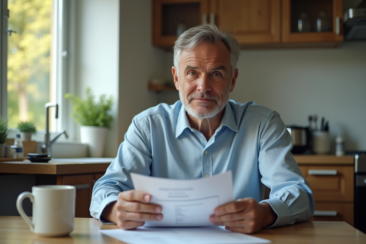 Homme analyse ses reçus à la maison dans la cuisine