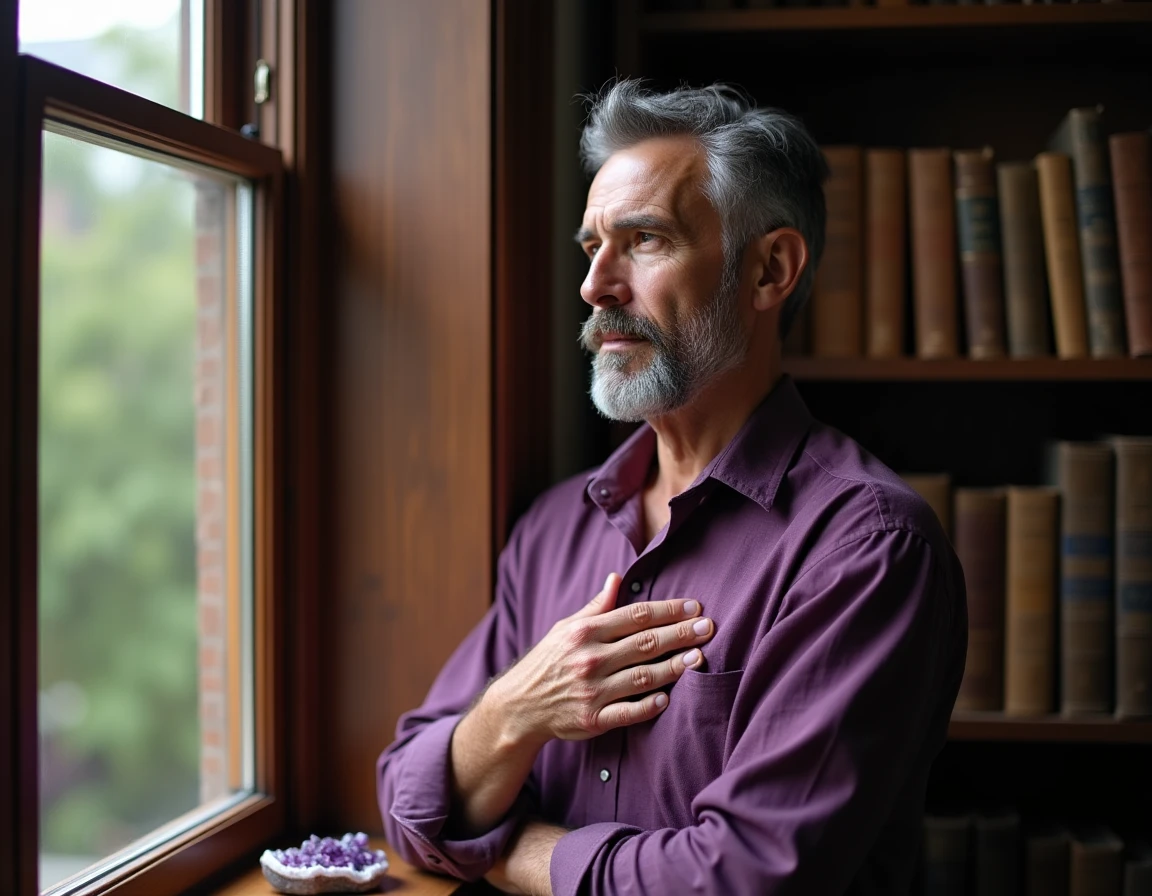 Homme réfléchi en chemise violet profond dans une bibliothèque avec cristal d'améthyste, symbolisant l'introspection liée à l'aura violette