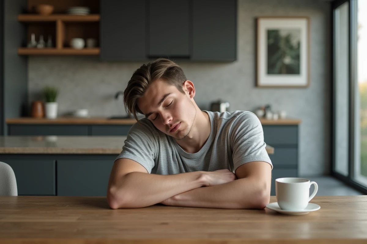 Jeune homme fatigué dans une cuisine moderne