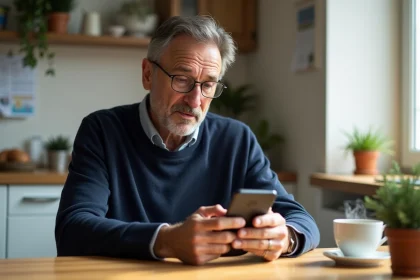 Homme d'âge moyen regardant son smartphone dans la cuisine