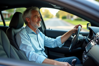 Homme d'âge moyen dans une voiture moderne en conduite