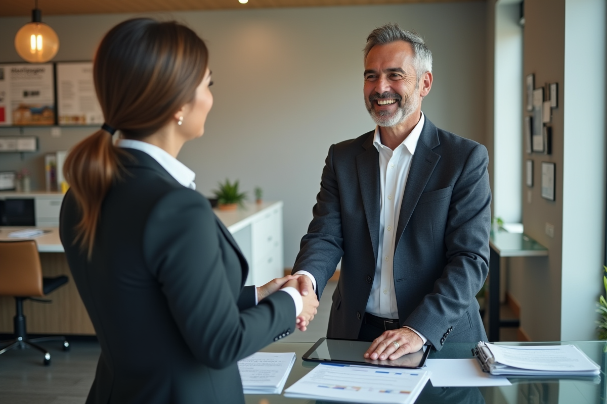 Homme et conseillère en prêt immobilier se serrant la main