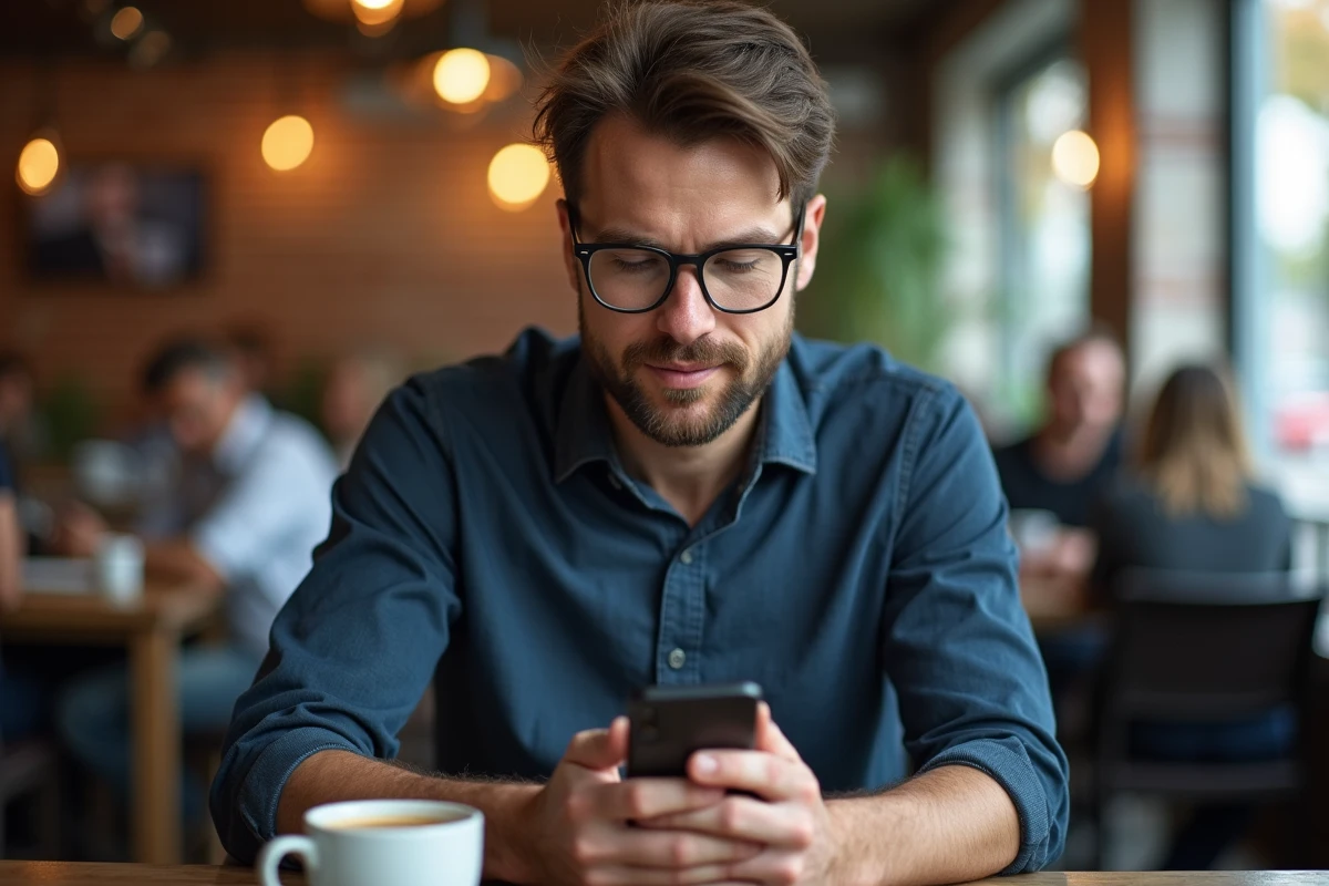 Homme consultant son smartphone dans un café pour accéder à un site web alternatif