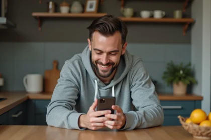 Homme en hoodie jouant à Monopoly GO dans une cuisine chaleureuse