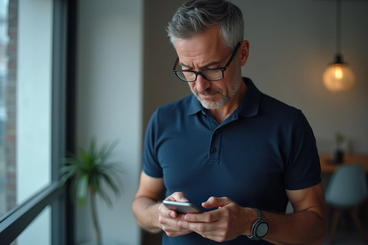 Homme consultant un site de solution Codycross sur son smartphone dans un appartement moderne