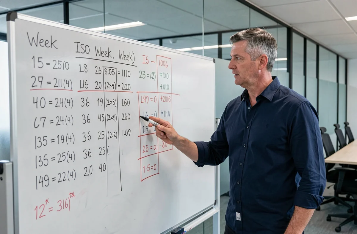 Homme expliquant le calcul des semaines ISO sur un tableau blanc en entreprise