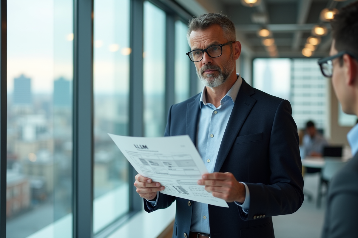 Homme en costume discutant devant une vue urbaine