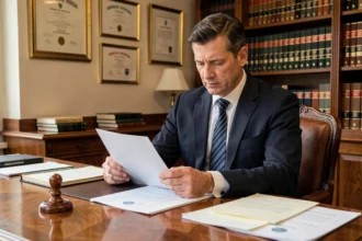 Huissier de justice en costume sombre assis à son bureau, examinant des documents officiels dans un cabinet juridique traditionnel