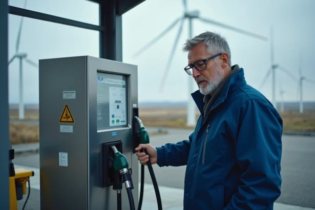 Ingénieur homme à la pompe à hydrogène en extérieur