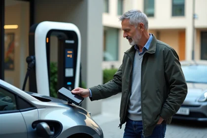 Ingénieur homme devant voiture hydrogene urbaine