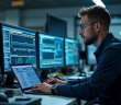 Ingénieur informatique examinant un rapport numérique sur un ordinateur portable moderne