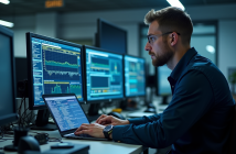 Ingénieur informatique examinant un rapport numérique sur un ordinateur portable moderne