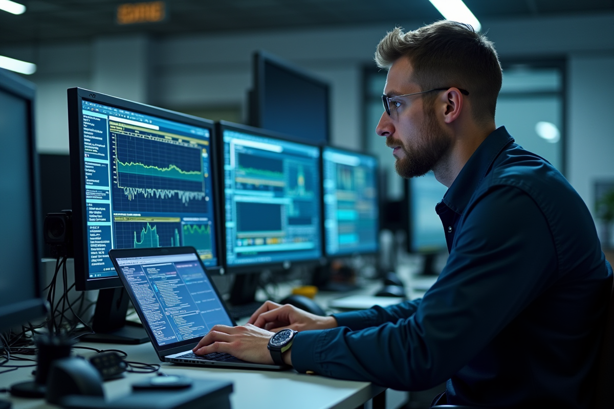 Ingénieur informatique examinant un rapport numérique sur un ordinateur portable moderne