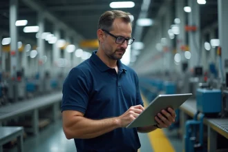 Ingénieur qualité utilisant un logiciel de gestion qualité IRIS02 sur tablette dans une usine industrielle moderne