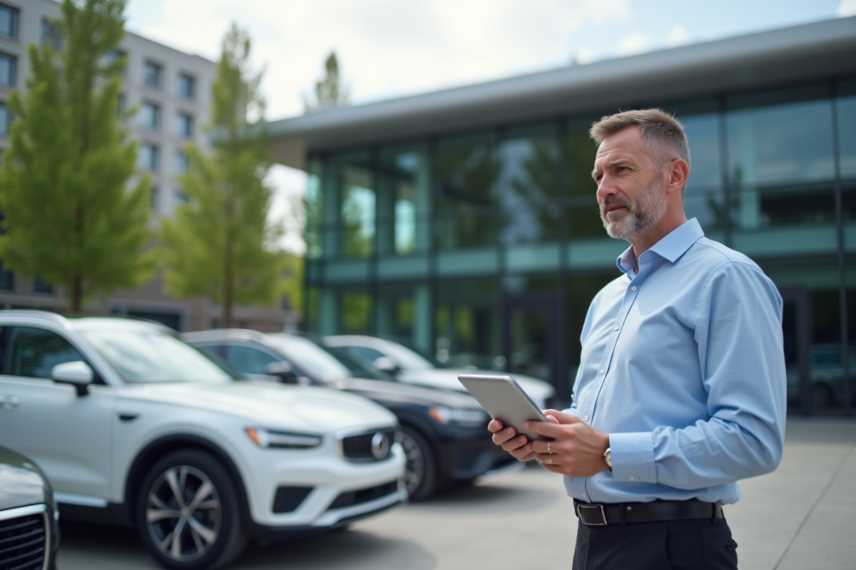 Ingénieur automobile observant voitures neuves devant un showroom