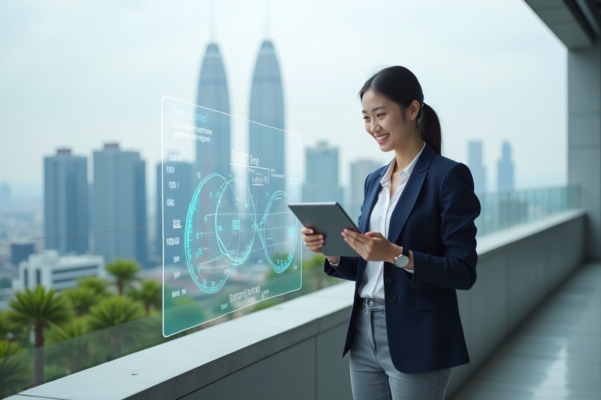 Jeune ingénieure souriante avec hologramme de quantum en extérieur