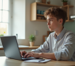 Jeune adulte travaillant sur un laptop dans une cuisine lumineuse