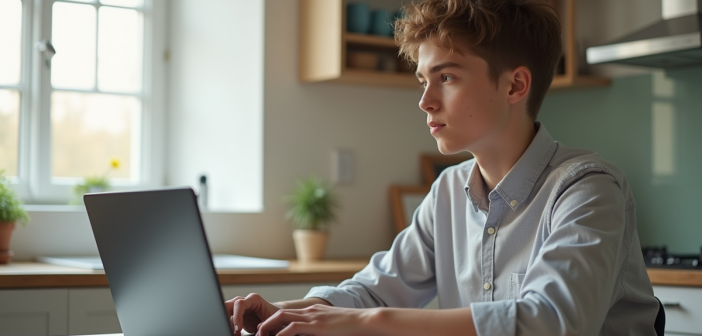 Jeune adulte travaillant sur un laptop dans une cuisine lumineuse